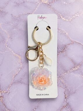 Iridescent Peach & Lilac Rose Keychain / Handbag Charm w Shell  & Gold Hardware